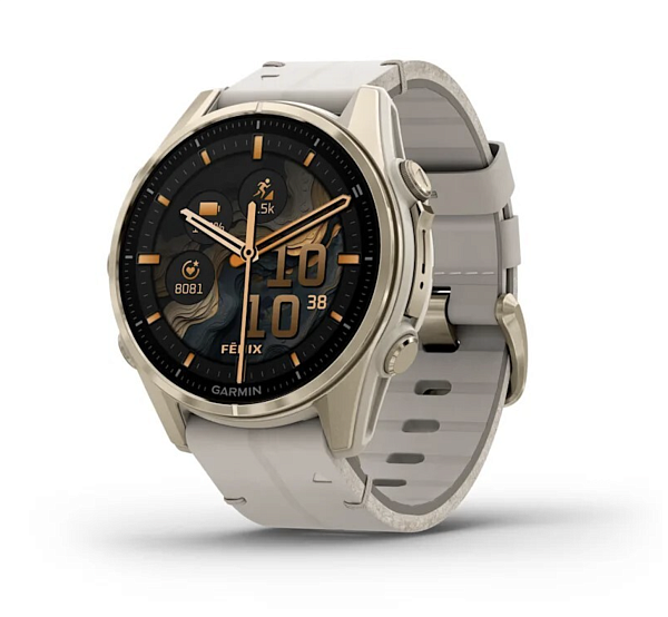 Умные часы Garmin Fenix 8 43 мм AMOLED Sapphire золотистый стальной корпус (Soft Gold Stainless Steel), с серым кожаным и силиконовым ремешком 2700281